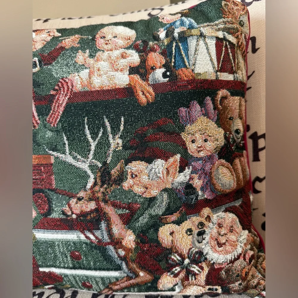 Vintage Holiday Tapestry Pillow - Multicolor Santa’s Toy Workshop Elves